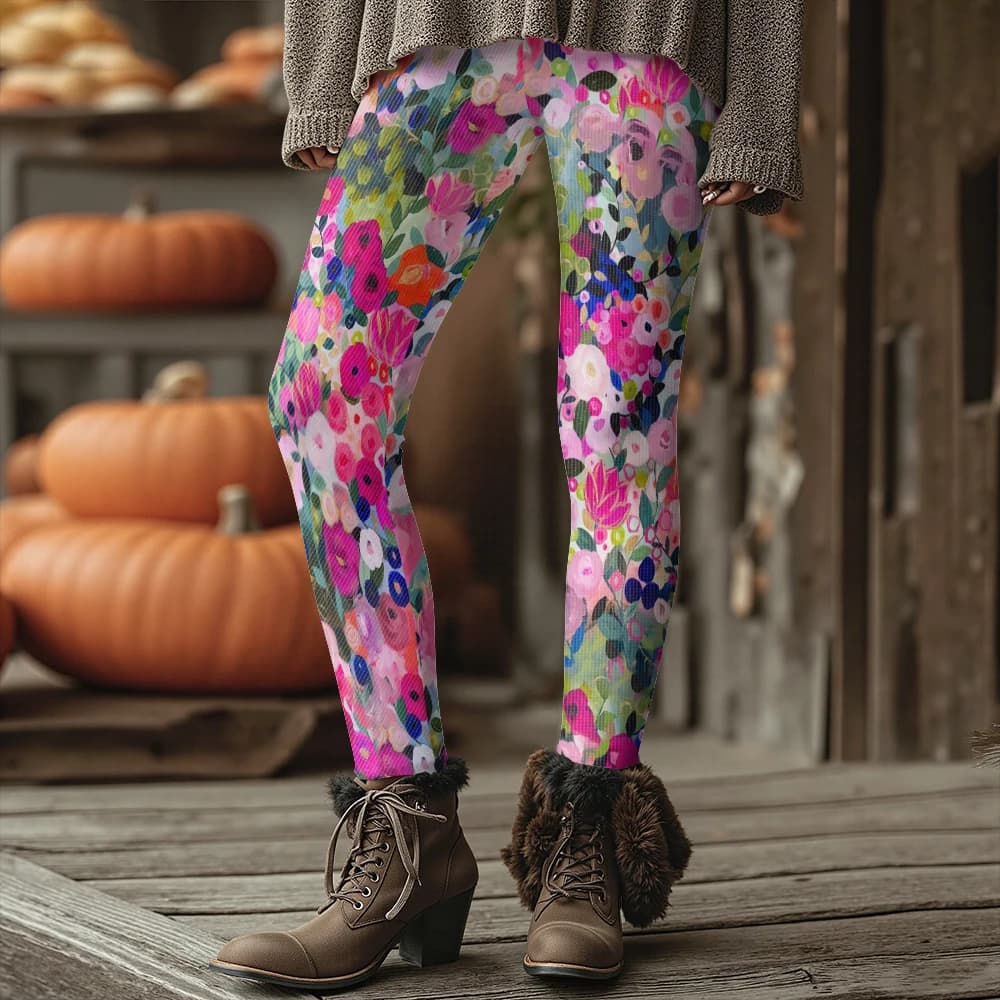 Colorful Blooming Flowers Pattern Women's Leggings Autumn Winter Warm Fashion Tights Stylish Outdoor Look Fashion Streetwear