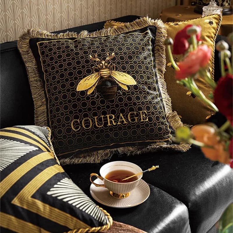 Bee Honey Golden Velvet Throw Pillow Cover