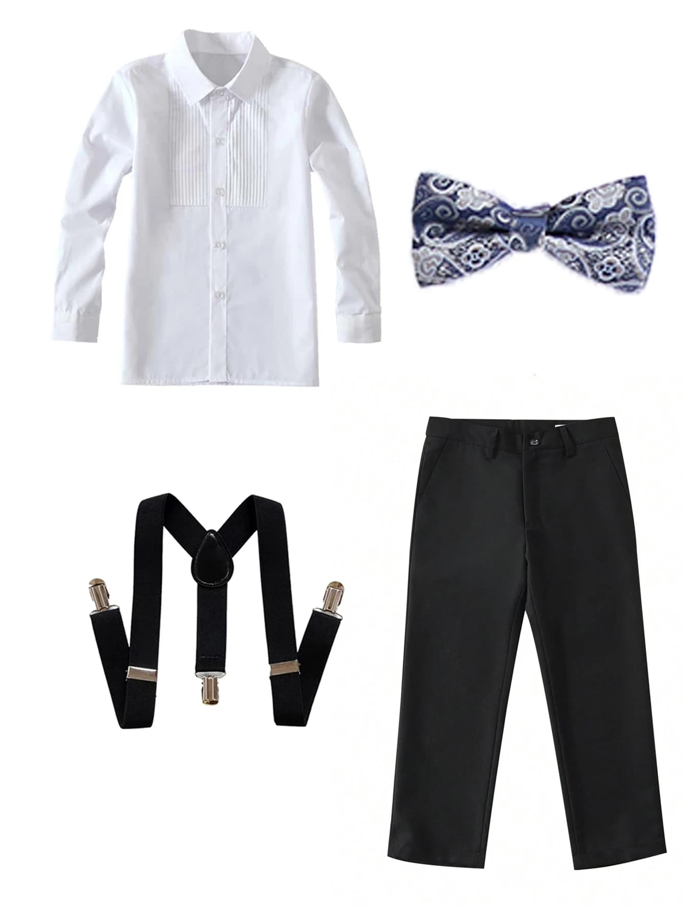 4pcs/set Boys' Suit Set With  Shirt , Pants  Tie And Straps School Uniforms