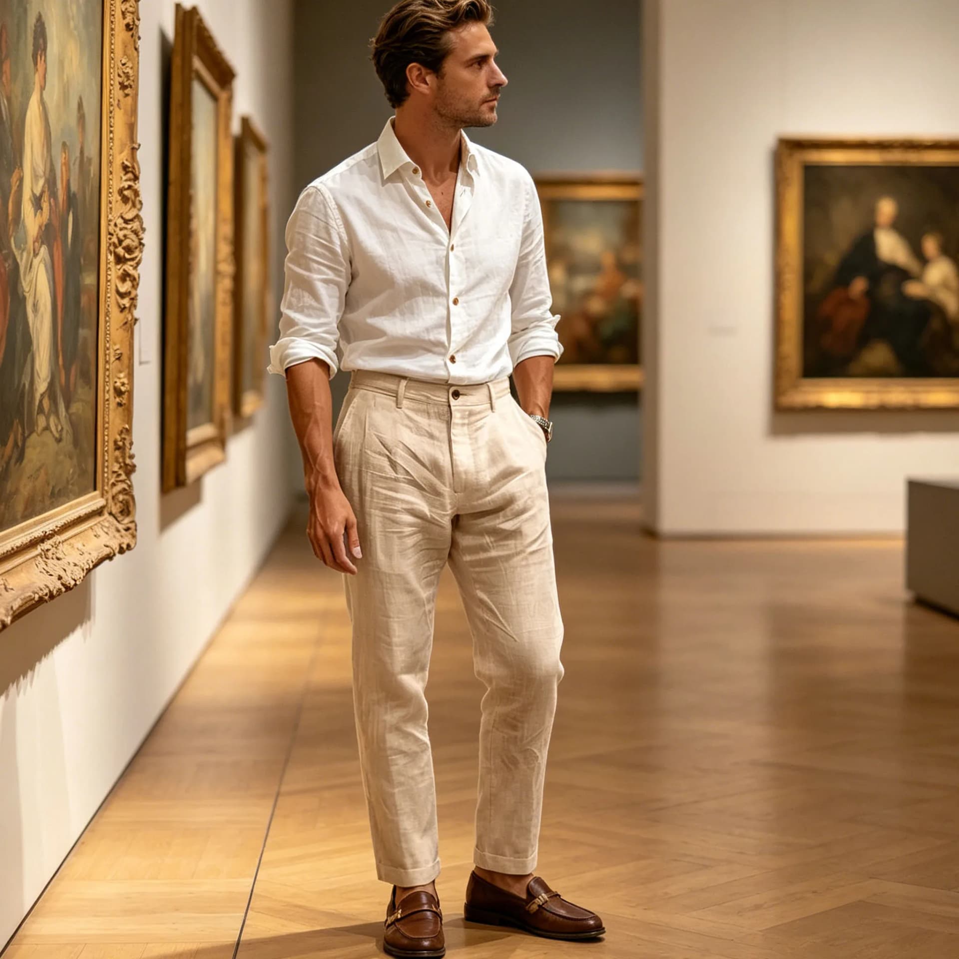 Men's Khaki Linen Blend High Waist Tapered Ankle Pants