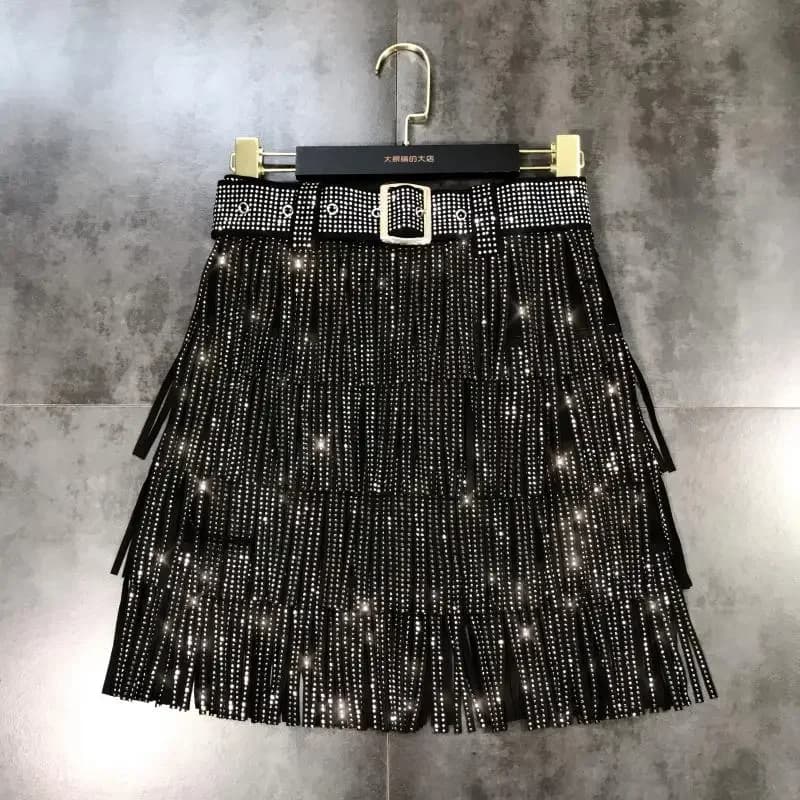 Women's High Waist A-Line Rhinestone Fringe Skirt