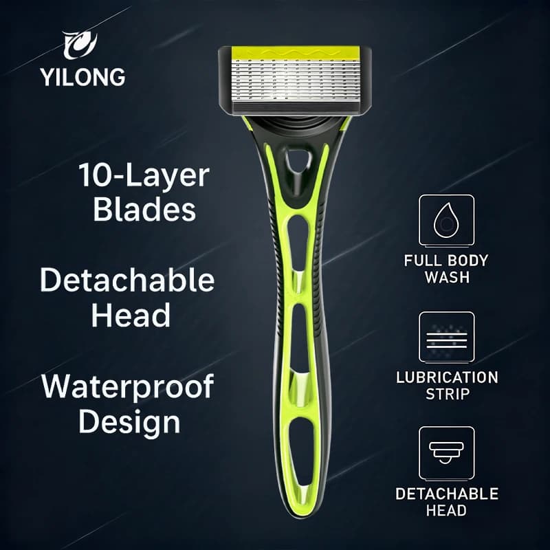 10-Blade Razor with Refillable Head and Lubricating Strip