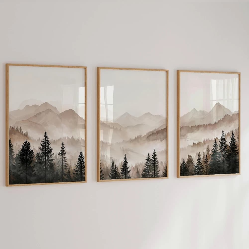 Abstract Foggy Mountains Triptych Print Set