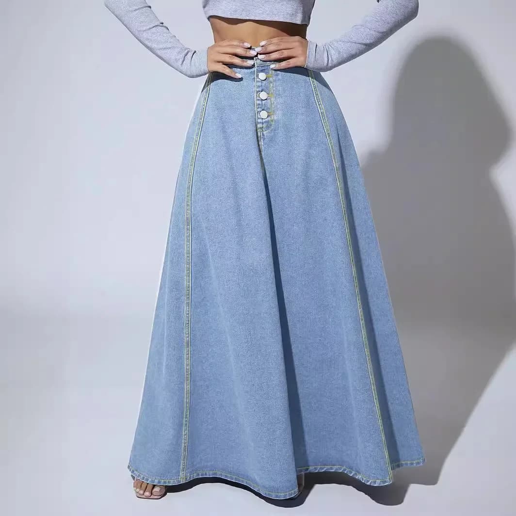 High Waist A-Line Denim Maxi Skirt