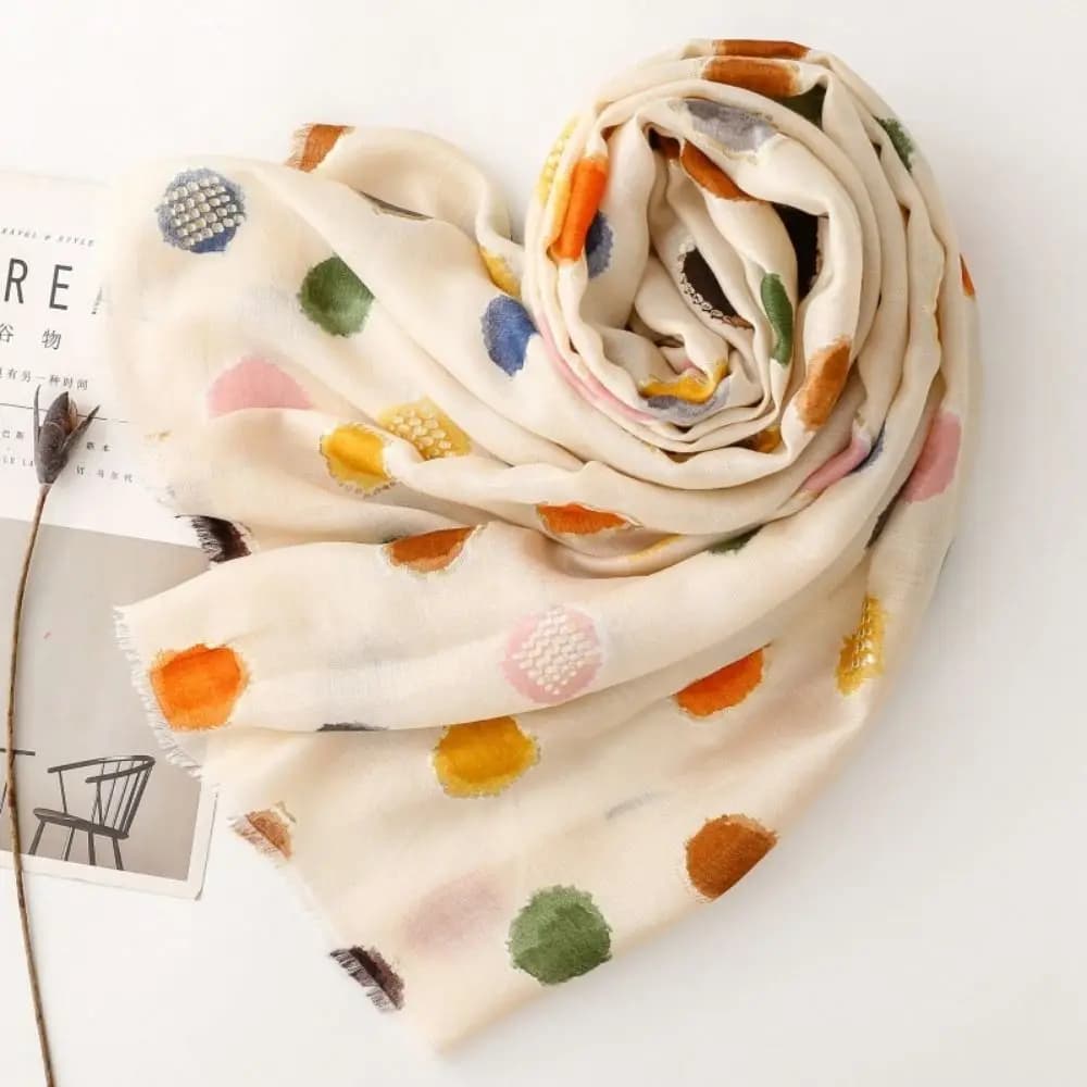 Polka Dot Cotton Blend Scarf with Fringe