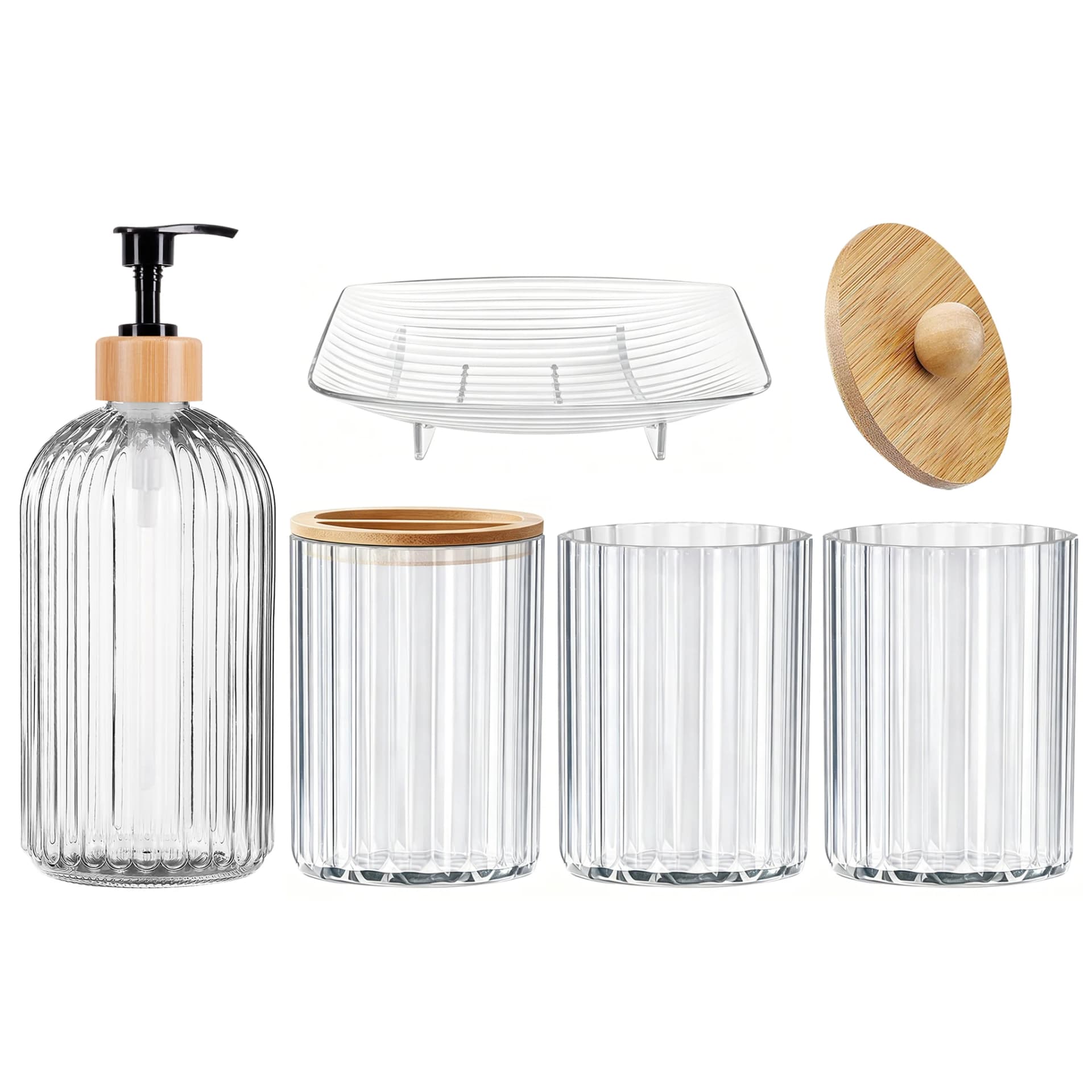 Bathroom Accessories Set, Toothbrush Holders Set Complete with Soap Dispenser, Bathroom Vanity Storage Cups and Cotton Swab Jars