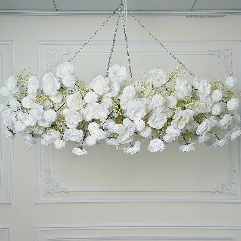 Wedding Backdrop Decor Ceiling Hanging Metal Round Hoop Frame, White Baby Breath, Rose Pompom, Floral Arrangement, Event Flower
