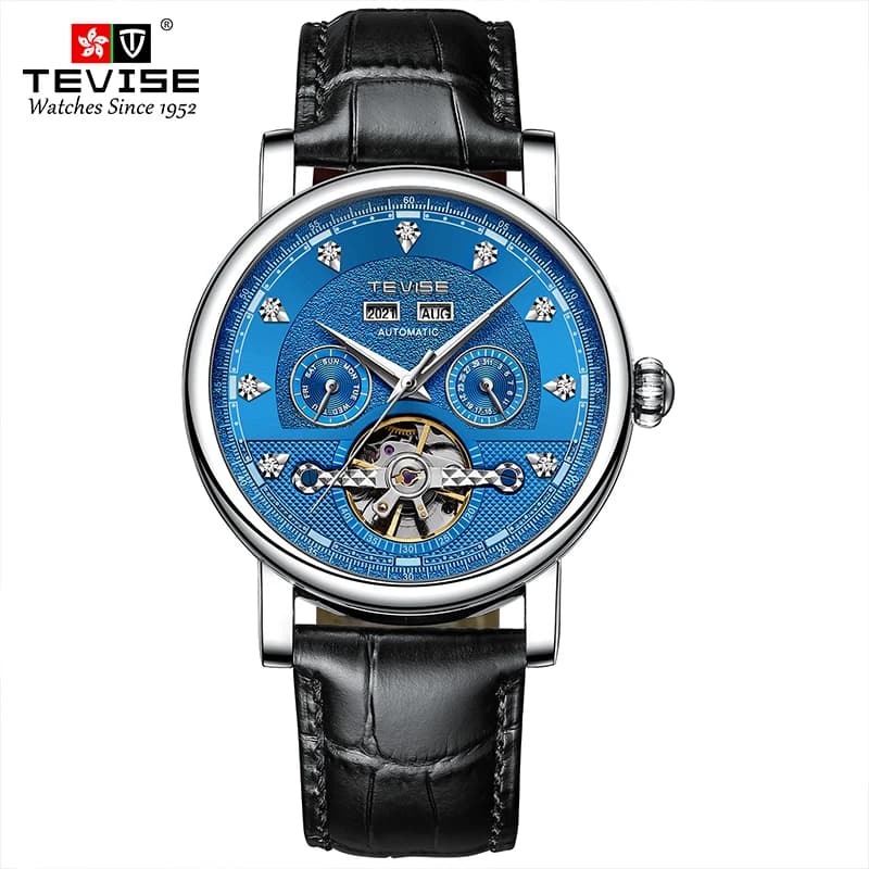 TEVISE Watch for Man Automatic Mechanical Movement Casual Leather Wristwatch Luminous Waterproof Business Gift