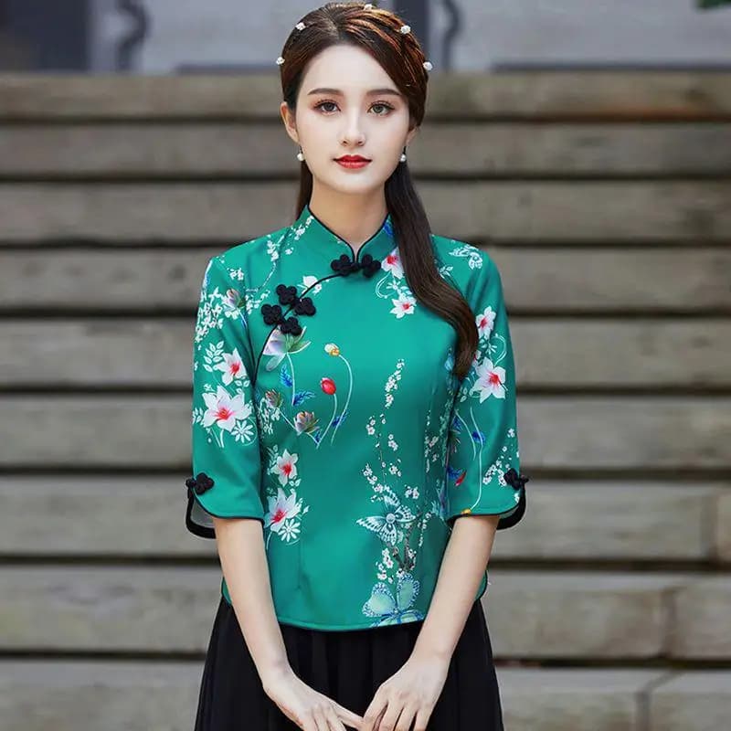 Embroidered Qipao Cheongsam Top with Pants Set