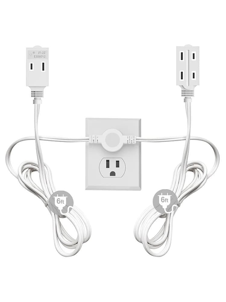 US Twin Extension Cord Power Strip - 12 Feet Cord - 6 feet on Each Side - Flat Head (Wall Hugger) Outlet Plug