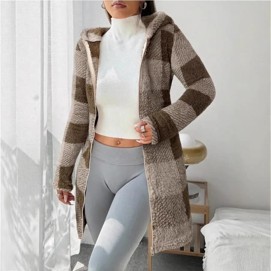 Women's Plaid Hooded Zip Cardigan Coat