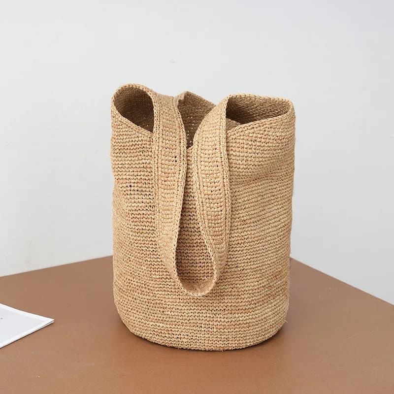 Handwoven Straw Bucket Bag Women Boho Style Large Capacity Shoulder Tote Summer Beach Vacation Handbag Casual Daily Commuter Bag
