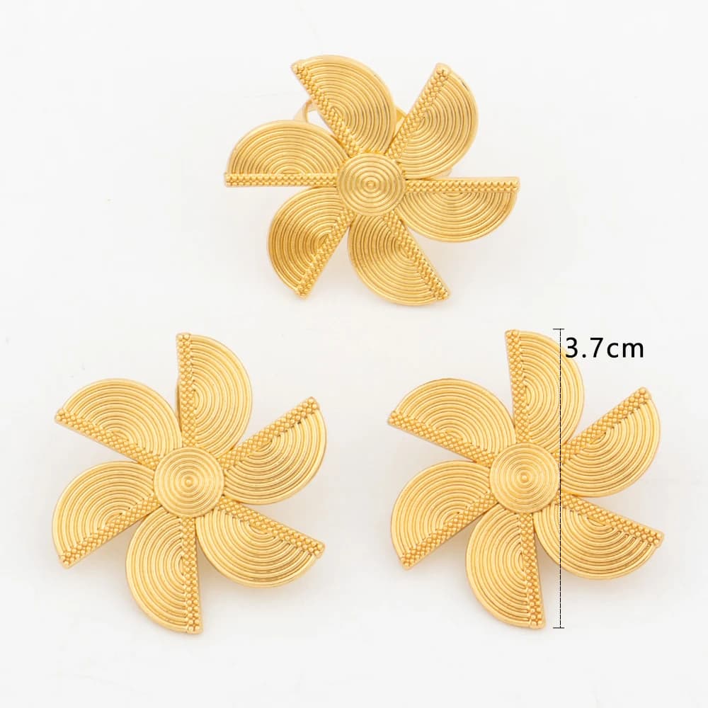 Fashion Jewelry Set Dubai Gold Color Luxury Flower Shape Adjustable Ring Round Earrings For Women Wedding Party Gifts Daily Wear