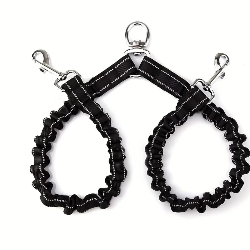 Double Dog Leash Coupler with Reflective Bungee