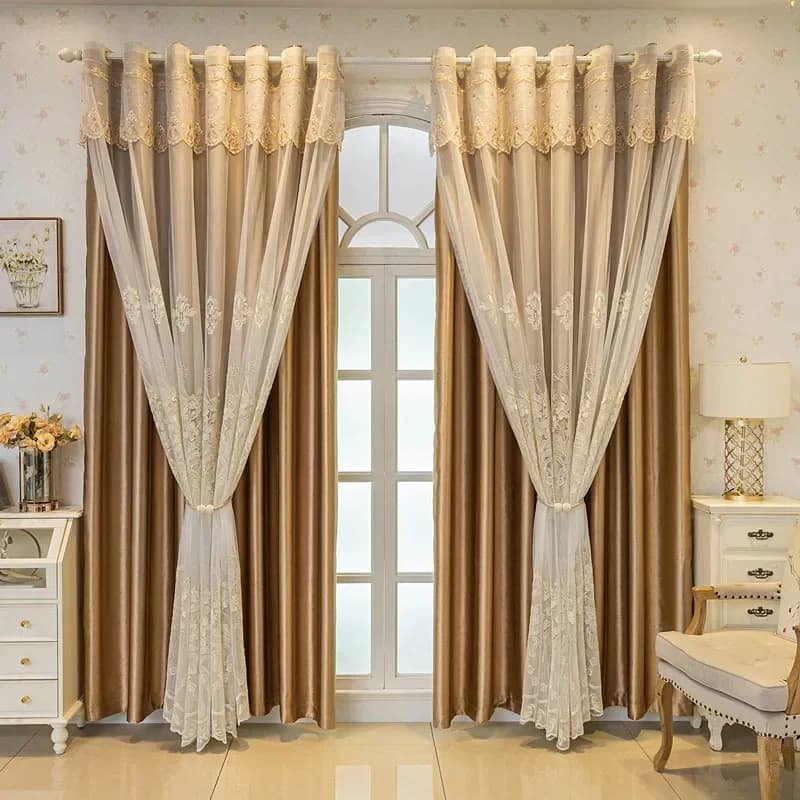 Embroidered Blackout Curtain Panel with Sheer Tulle