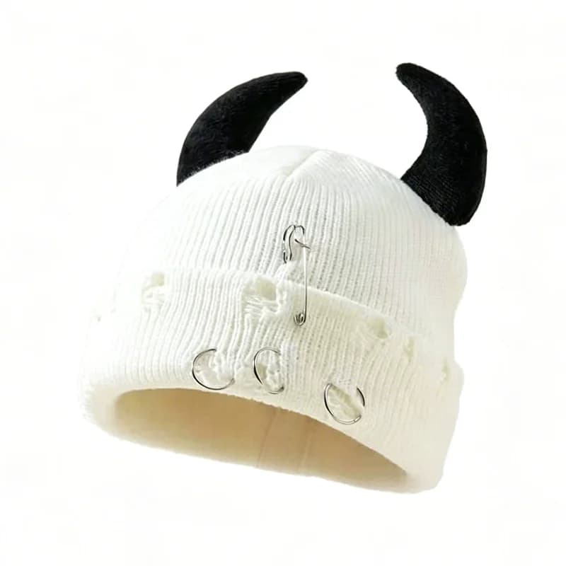 Devil Horn Knit Beanie with Ring Pin