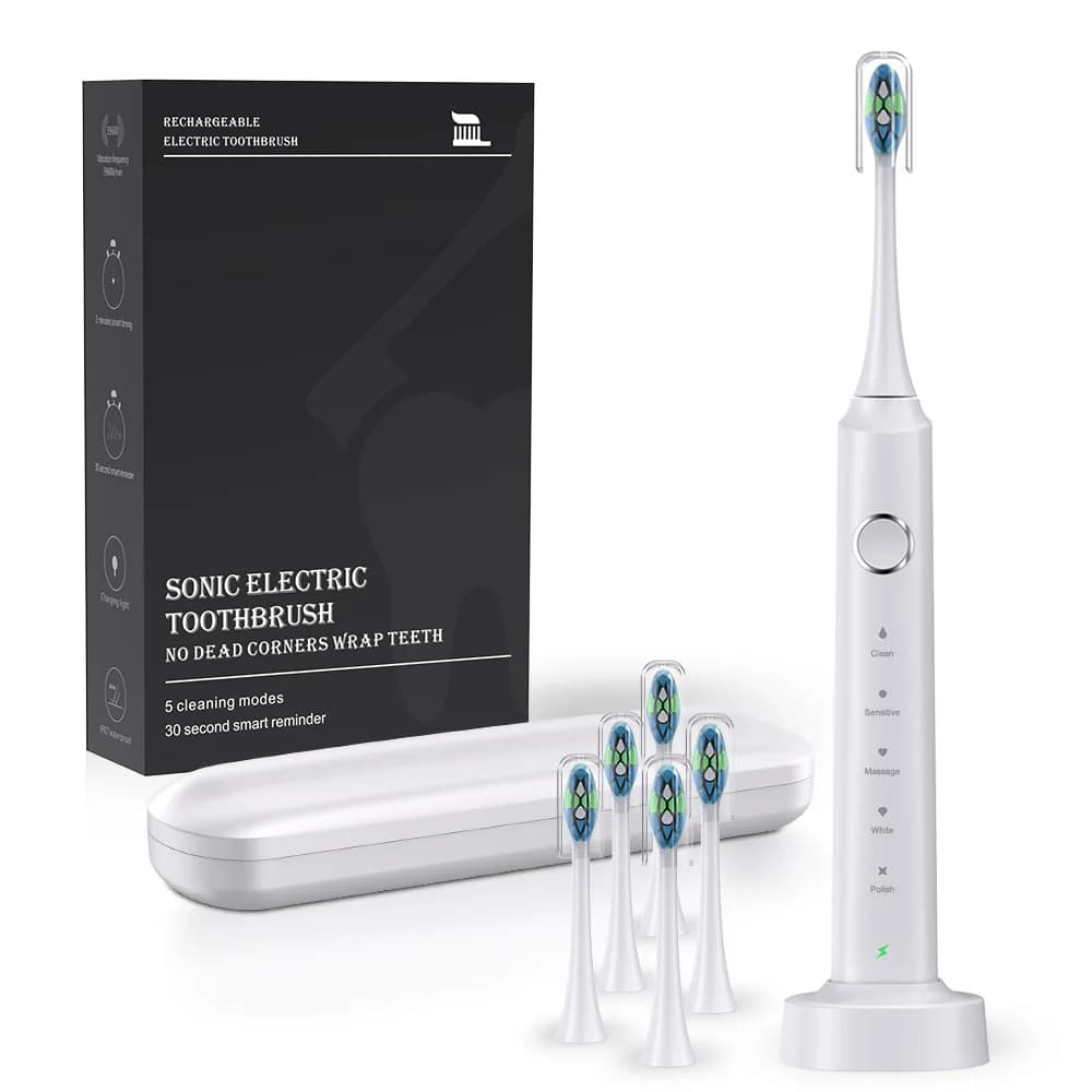 Electric Toothbrush With Six Brush Heads and Dock