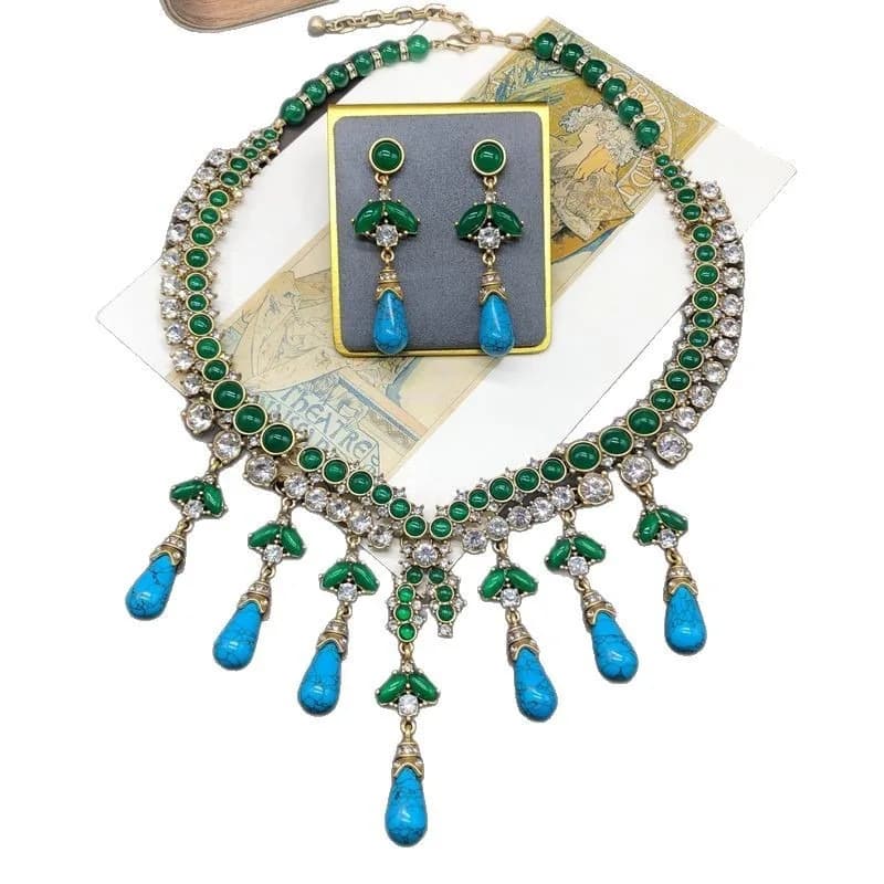 High‑Grade Jewelry Set, Blue Turquoise & Agate Beaded Necklace & Tassel‑Pendant Earrings, Luxury Elegant Women Fashion Accessory