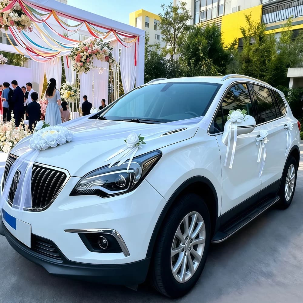 Wedding Car Decoration Full Set Romantic Wedding Car Decor with Tulle Accessories Simulated White Rose Complete Main Car Set