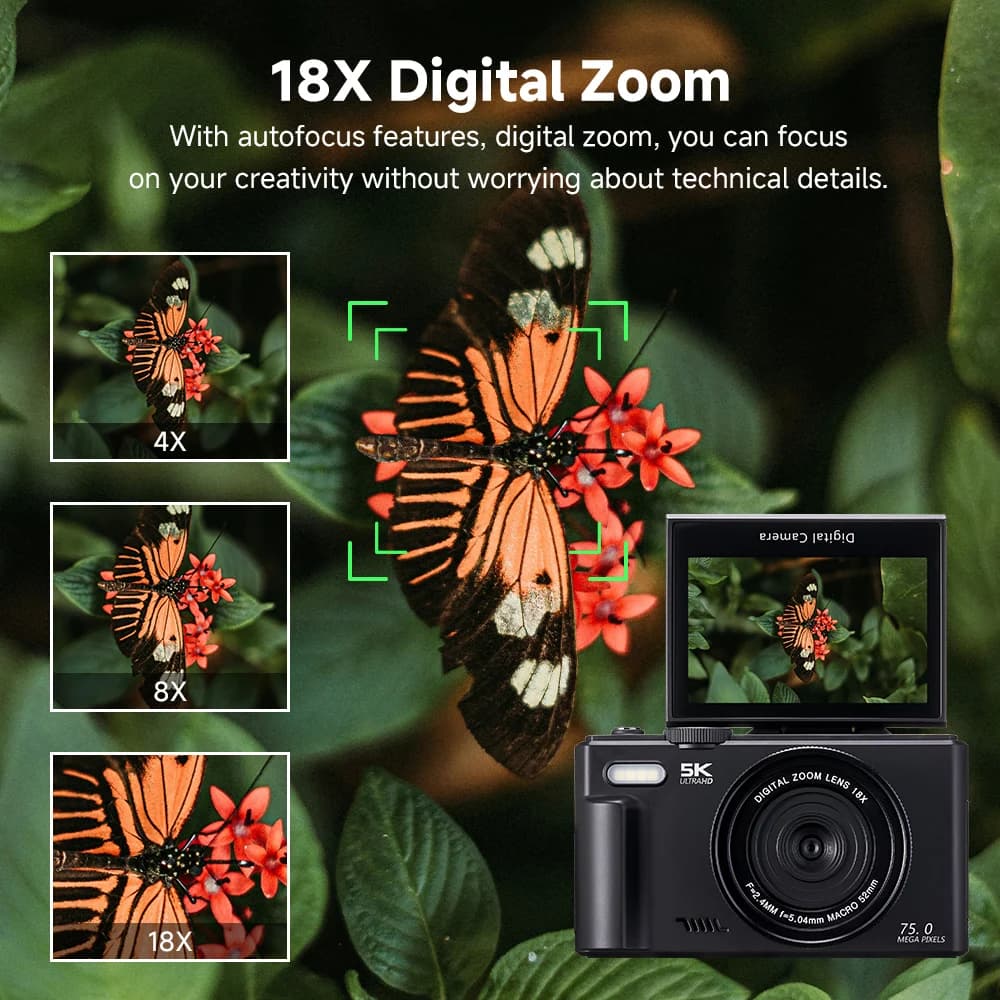 75MP 5K Digital Camera with 18X Zoom