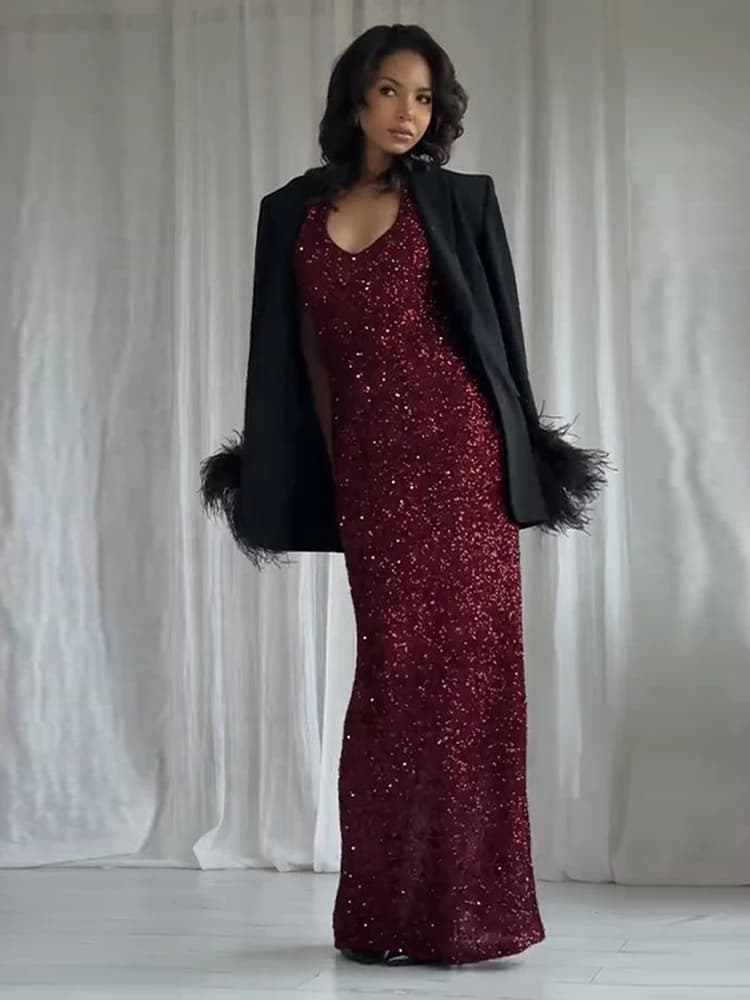 Women's Dresses Trend 2025 Elegant Party Long Evening Dresses Female Clothing Sequin Halter-Neck Maxi Dress Sleeveless Outerwear
