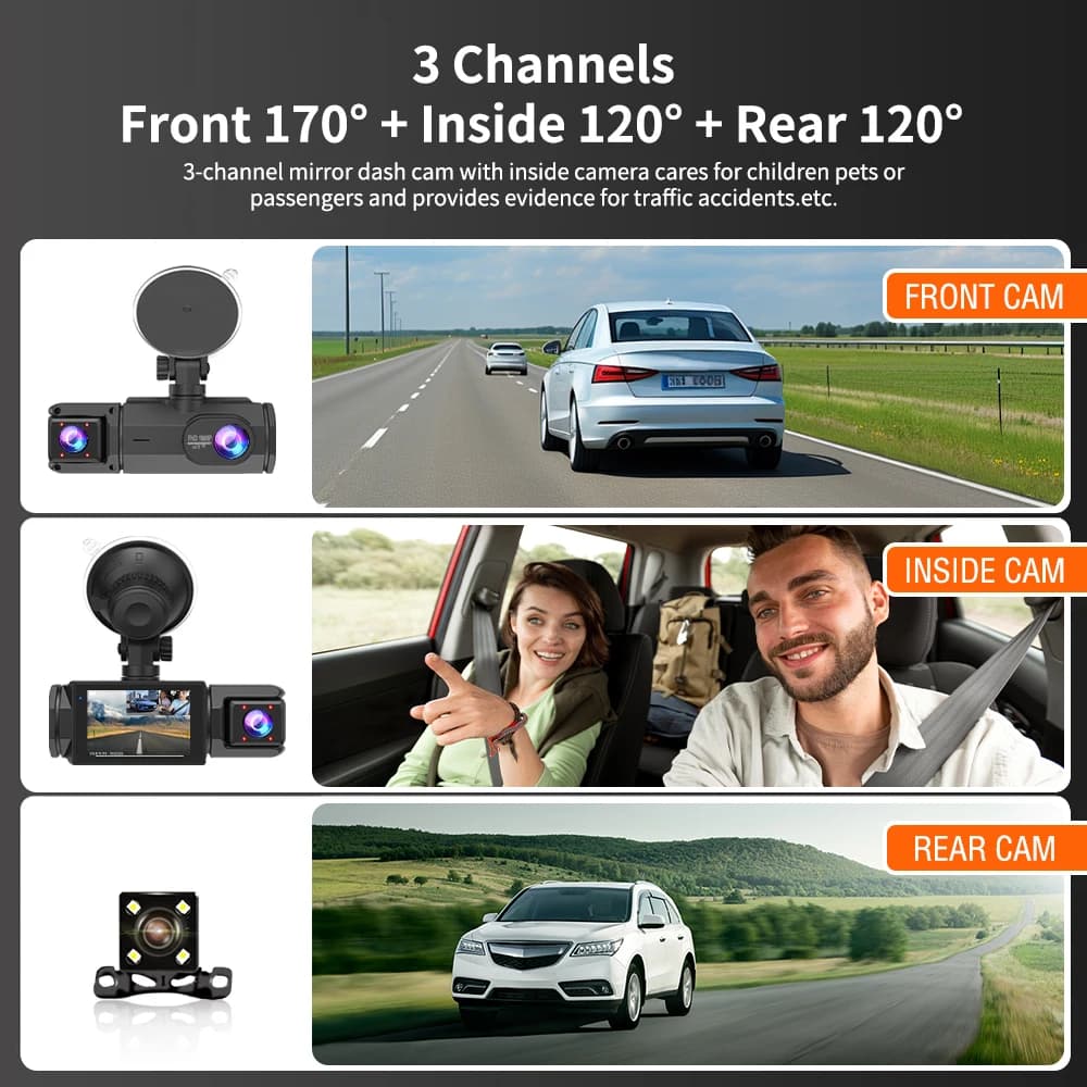 Dash Cam For Cars 32G Card 3Channels FHD1080P Car DVR Night Vision Loop Recording G-sensor Driving Recorder Tachograph Black Box
