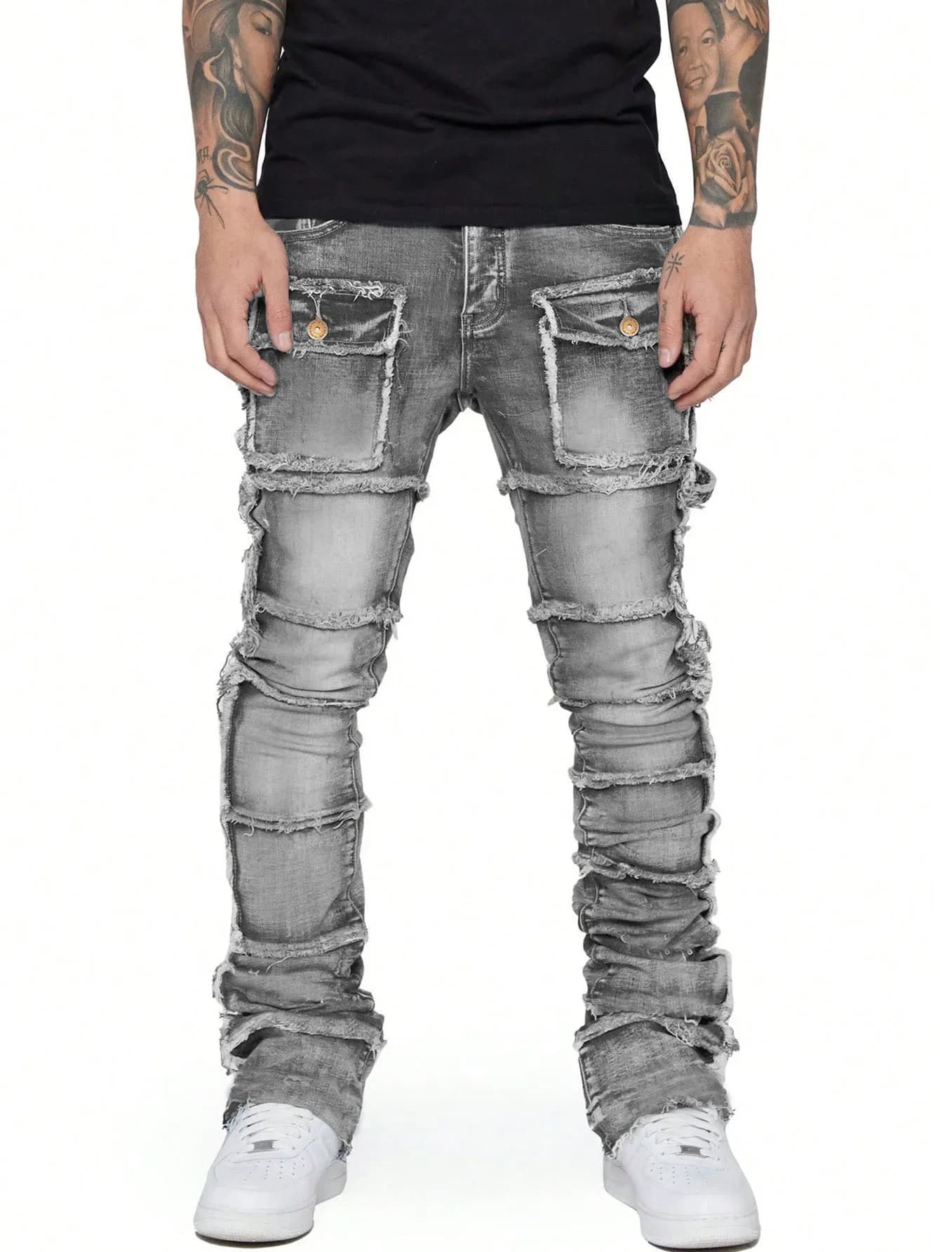Men's Workwear Jeans with Elastic and Patches