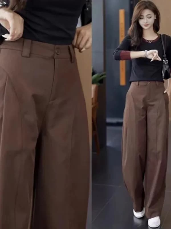 Women's High Waist Khaki Straight Leg Trousers