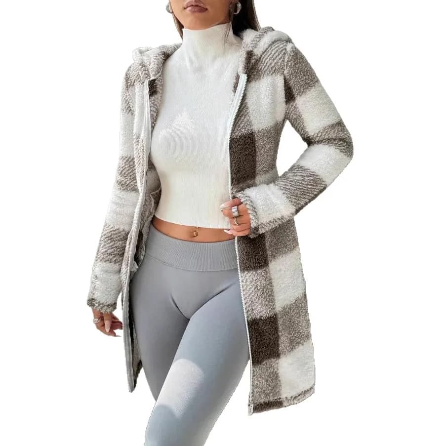 Women's Plaid Hooded Zip Cardigan Coat