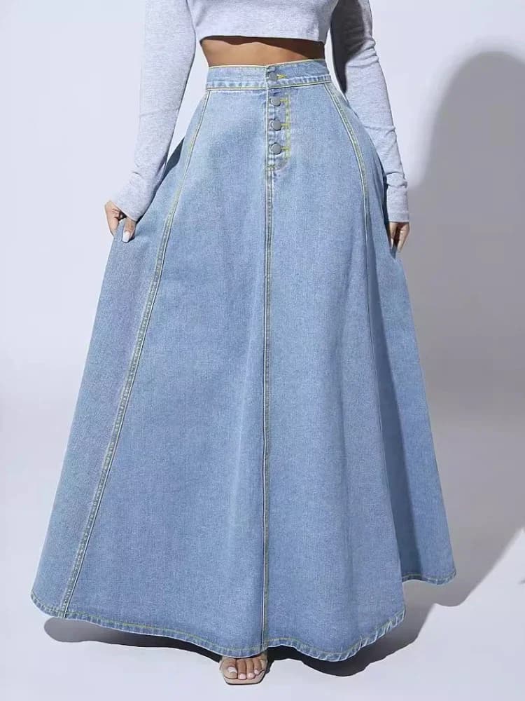 High Waist A-Line Denim Maxi Skirt
