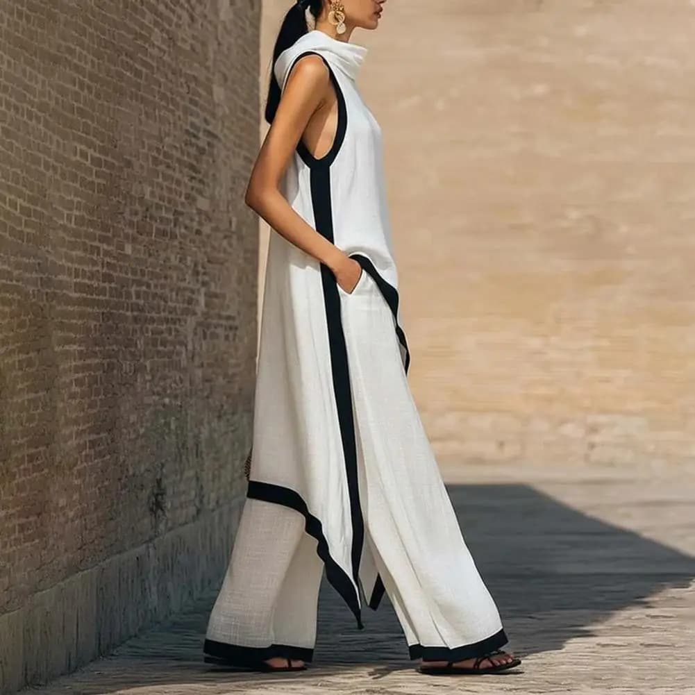 Women Fashion  Color Block Cotton Linen Two-Piece Outfit Asymmetrical Hem Mock Neck Sleeveless Top Wide-Leg Pants Vacation Sets