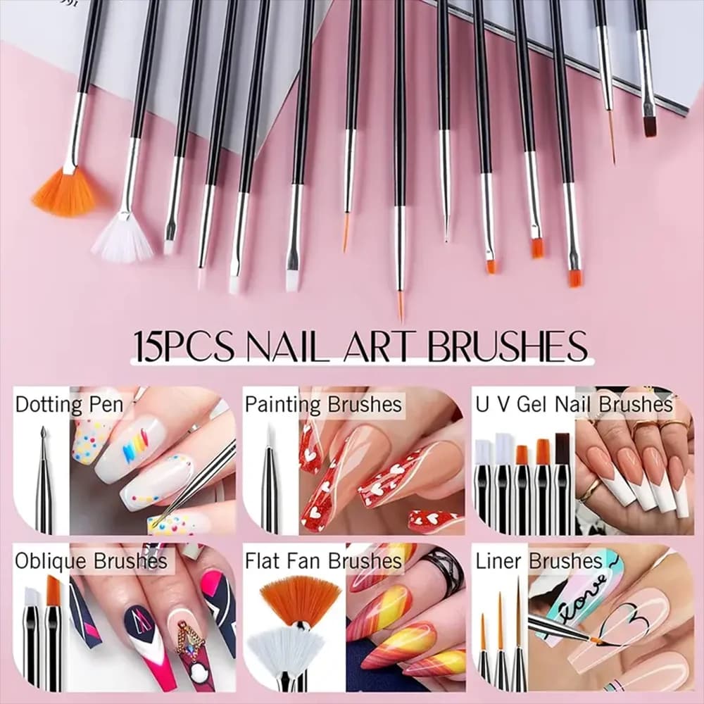 Nail Art Brush Kit for Nail Painting, Floral Carving, Gem Placement, Gel Application, Color Blending, and Line Work.