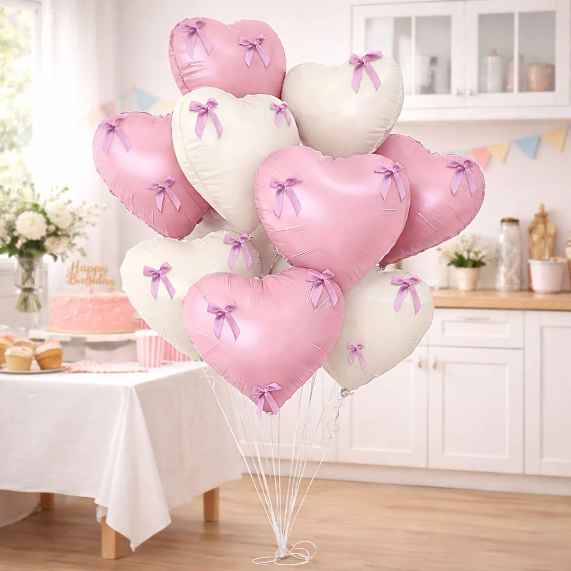 Pink Heart-Shaped Balloons with Bows