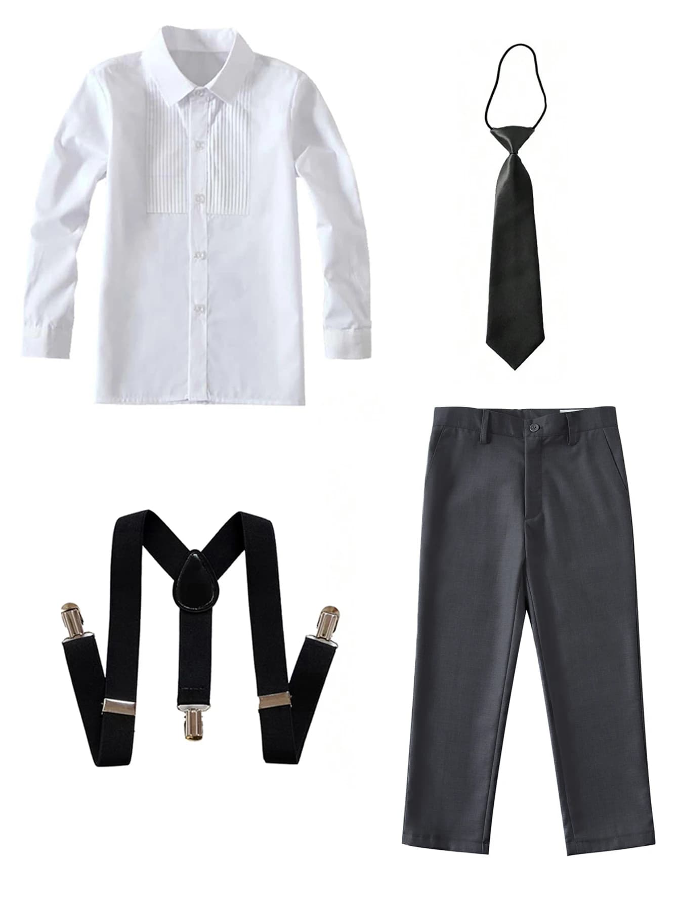 4pcs/set Boys' Suit Set With  Shirt , Pants  Tie And Straps School Uniforms