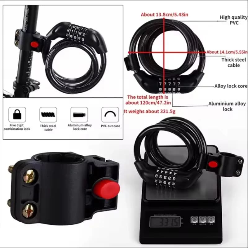 5-Digit Code Cable Bike Lock 1200mm