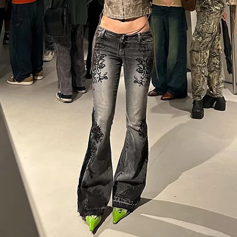 Women's Vintage Plant Print Low-Rise Flare Jeans