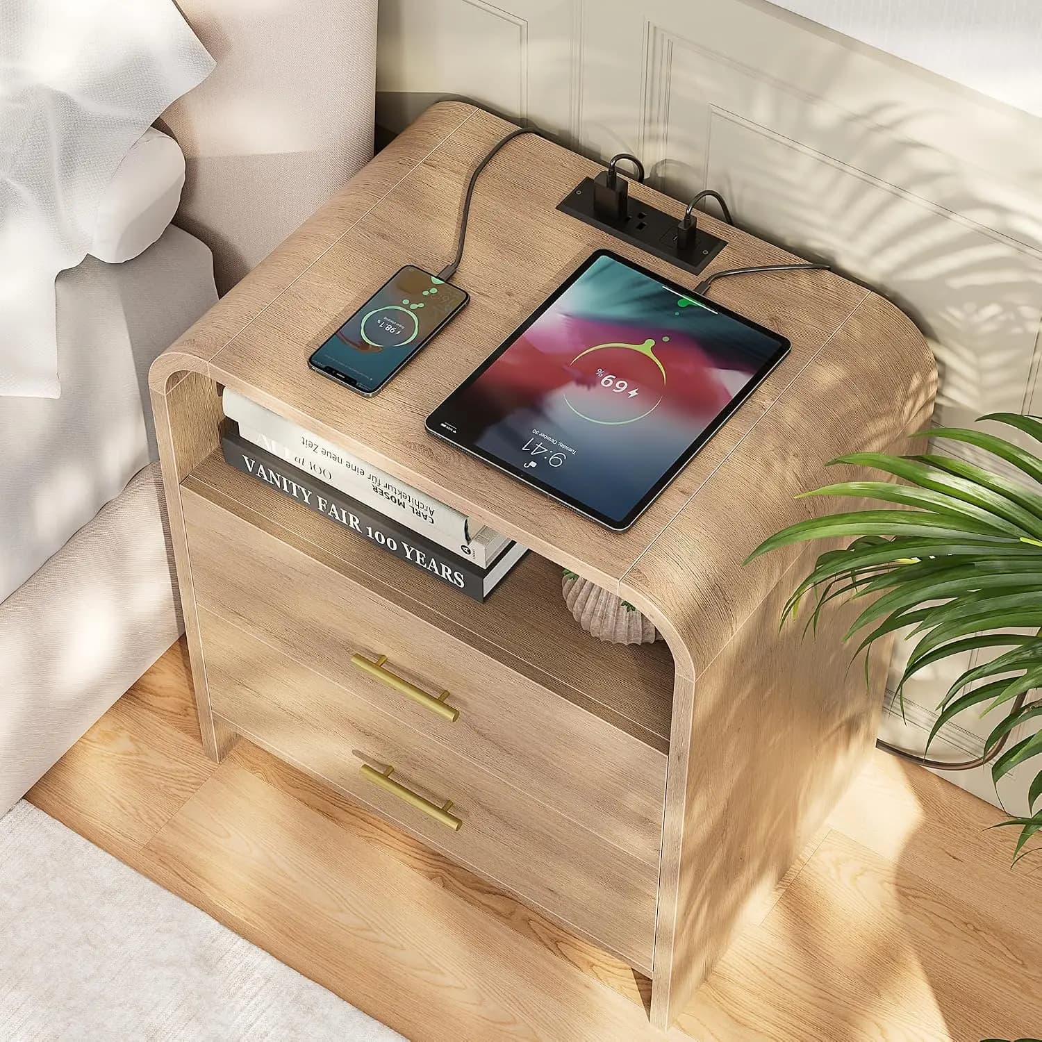 Nightstand w/ Charging Station & 2 Drawers, 25'' Tall Bedside Table, 23.6'' End Table, Curved Profile, Light Oak, Customized