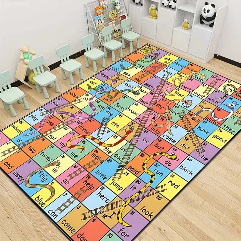 Kids Game Pattern Floor Mat Various Styles with Snakes Ladders Alphabet and Space Themes NonSlip Rug for Children's Room Decor