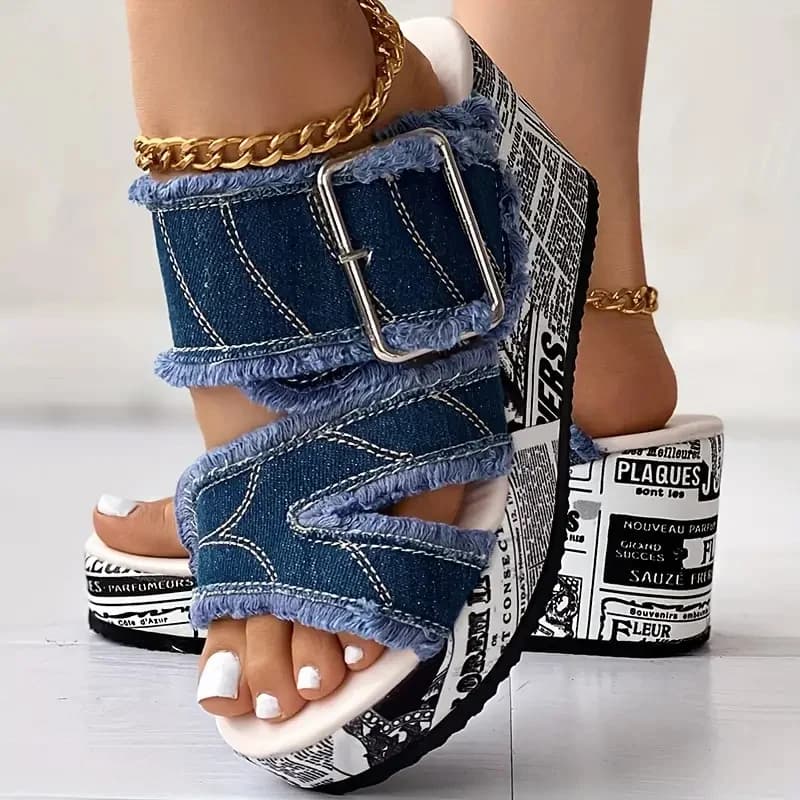 Women's Buckled Denim Platform Wedge Sandals