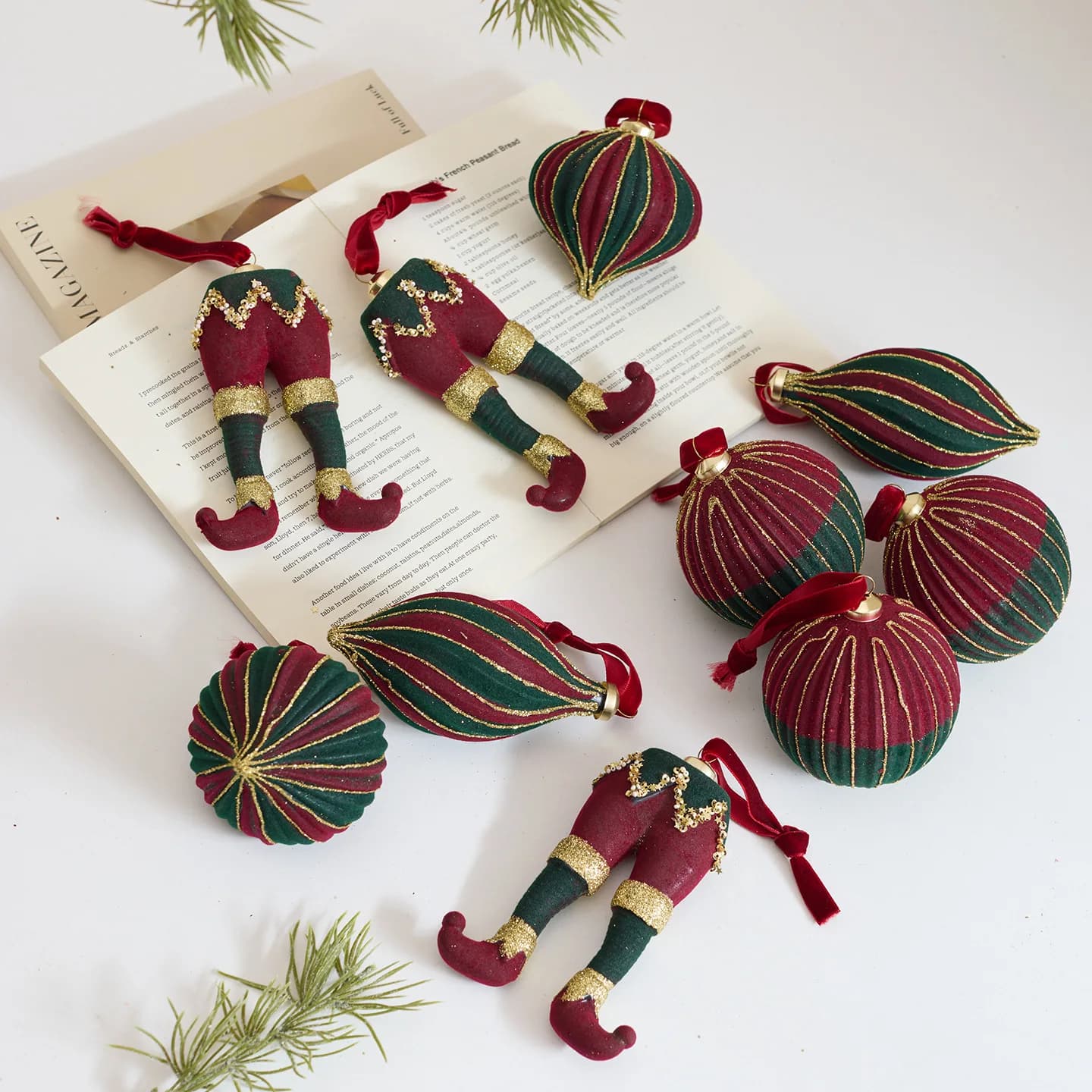 Red and Green Flocked Christmas Ornaments