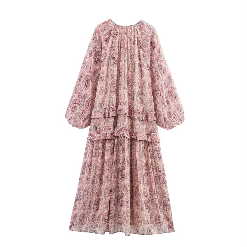 Women Fashion Printed Dresses Female Long Sleeve V-Neck Evening Dress Spring Summer Chic Streetwear Lady Elegant Chiffon Dresses