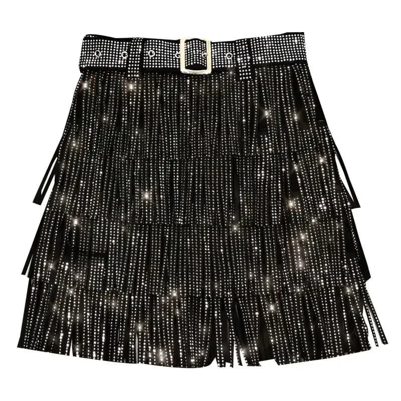 Women's High Waist A-Line Rhinestone Fringe Skirt