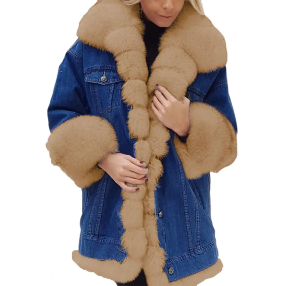 Women's Winter Denim Jacket with Faux Fur Trim