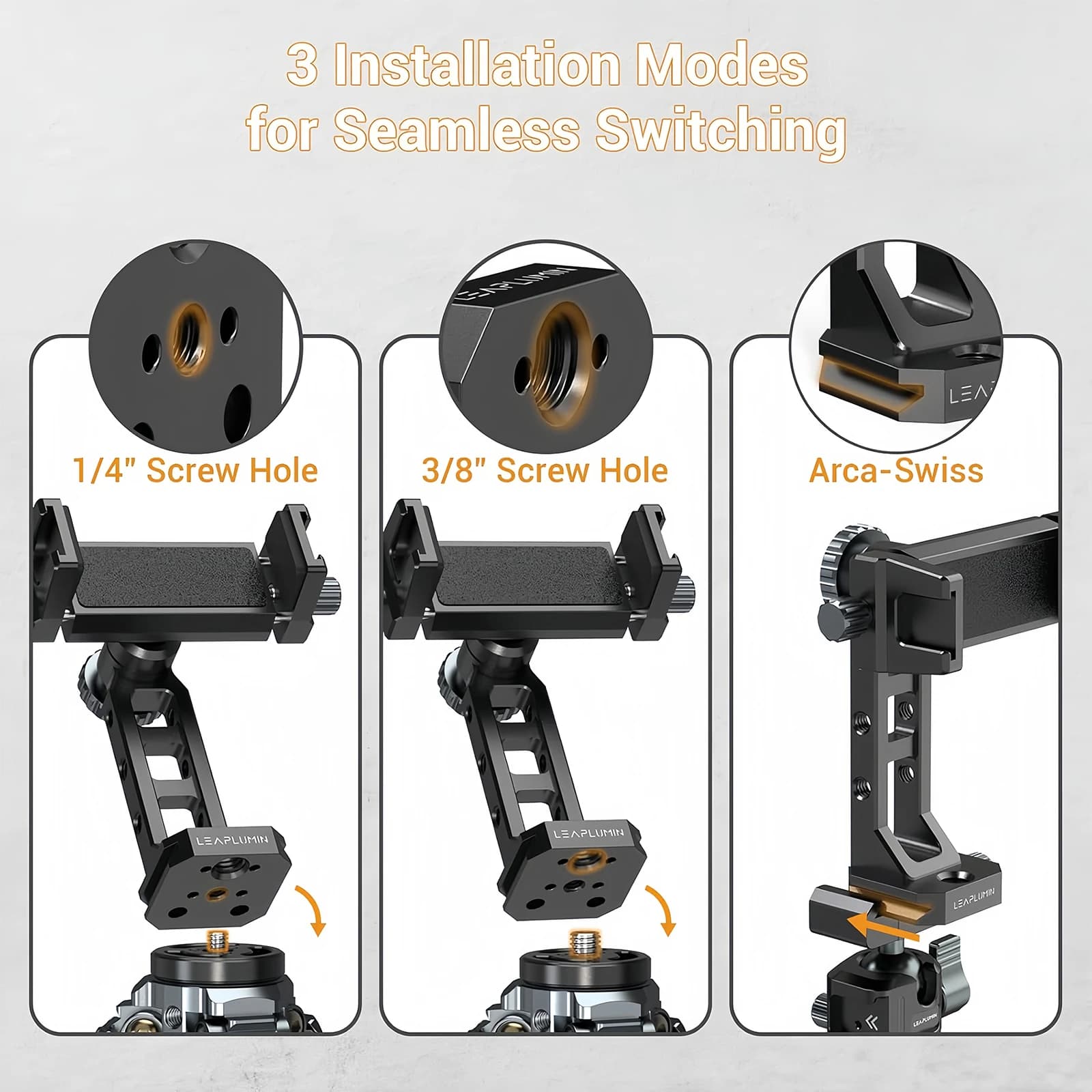 Metal Phone Mount for Tripod with Cold Shoes & Arca Port, 360° Rotatable Phone Holder Stand, 4 * 1/4" Screw Mount for iPhone 17