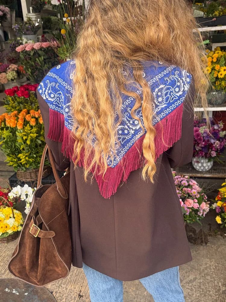 Women's Bandana Print Blazer with Fringe Shawl Back