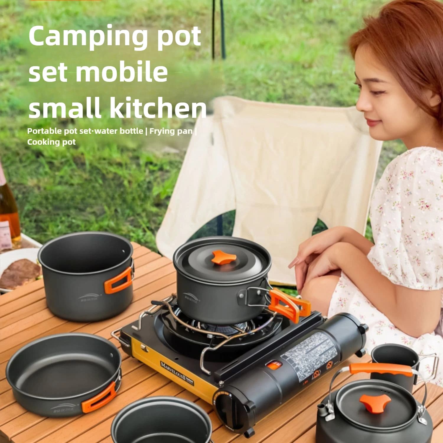 Camping Cookware Set with Kettle and Frying Pan