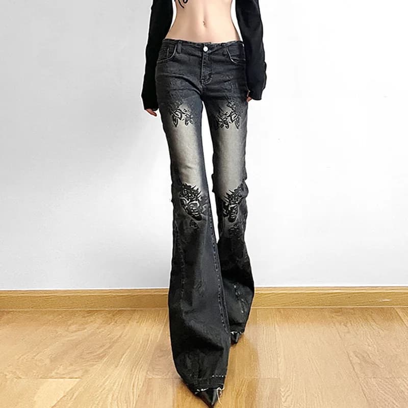 Women's Vintage Plant Print Low-Rise Flare Jeans