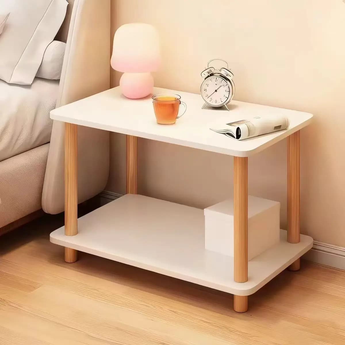 Bedside Table | Minimalist Nightstand for Rental & Bedroom | Storage Side Cabinet with Solid Wood Legs | Small Square Side Table