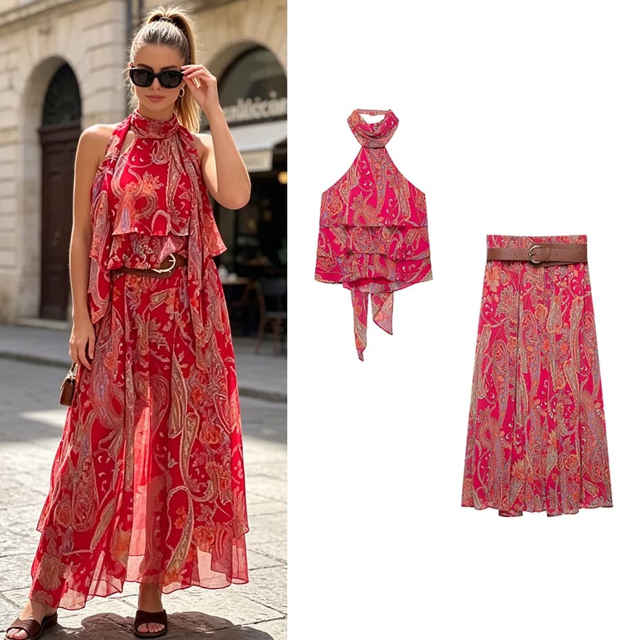 Women Vintage Fashion 2026 Autumn Red Print Suit Women Sexy Vest+ Sashes Draped Long Skirt Chic Bohemian Female Beach Sets