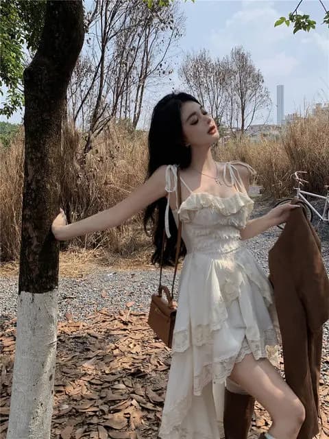 White Sling Patchwork Lace Ruffle Dress